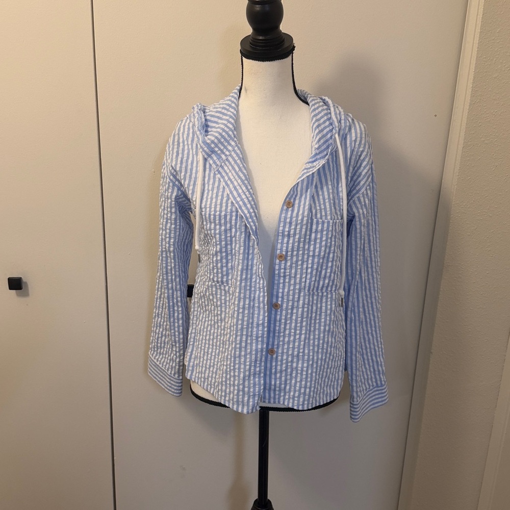 Blue and White Seersucker Striped Hoodie